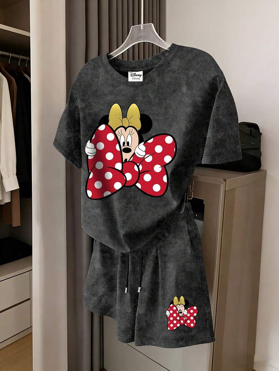 Disney 水洗 T 恤與短褲套裝，白色波點印花搭配大蝴蝶結設計 - 黑色 - 查看 1