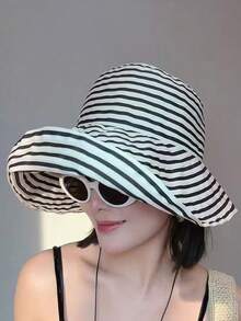 Mũ xô sọc gấp gọn mùa hè, mũ chống nắng vành rộng mới về dành cho nữ, mũ thời trang vành rộng bằng polyester in họa tiết, chống gió và tia UV, thích hợp cho mùa xuân/hè. - mũ - Xem 13