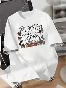 加大码仙人掌印花短袖圆领女式T恤，休闲春夏风格，时尚短袖，舒适圆领女式T恤，日常休闲女式T恤，夏季服装，女装，百搭休闲白色 - 白色 - 查看 5