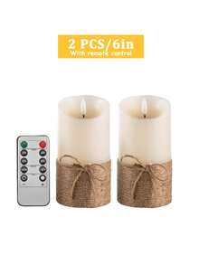 3件套无焰蜡烛灯，带遥控器/定时器，电池供电，复古绳纹波浪边蜡烛，适用于桌面摆设，可用于圣诞节、万圣节、情人节、母亲节、送礼、生日、求婚、婚礼、餐桌、派对、节日氛围装饰。 - 波浪斜口-綁繩款 - 查看 13