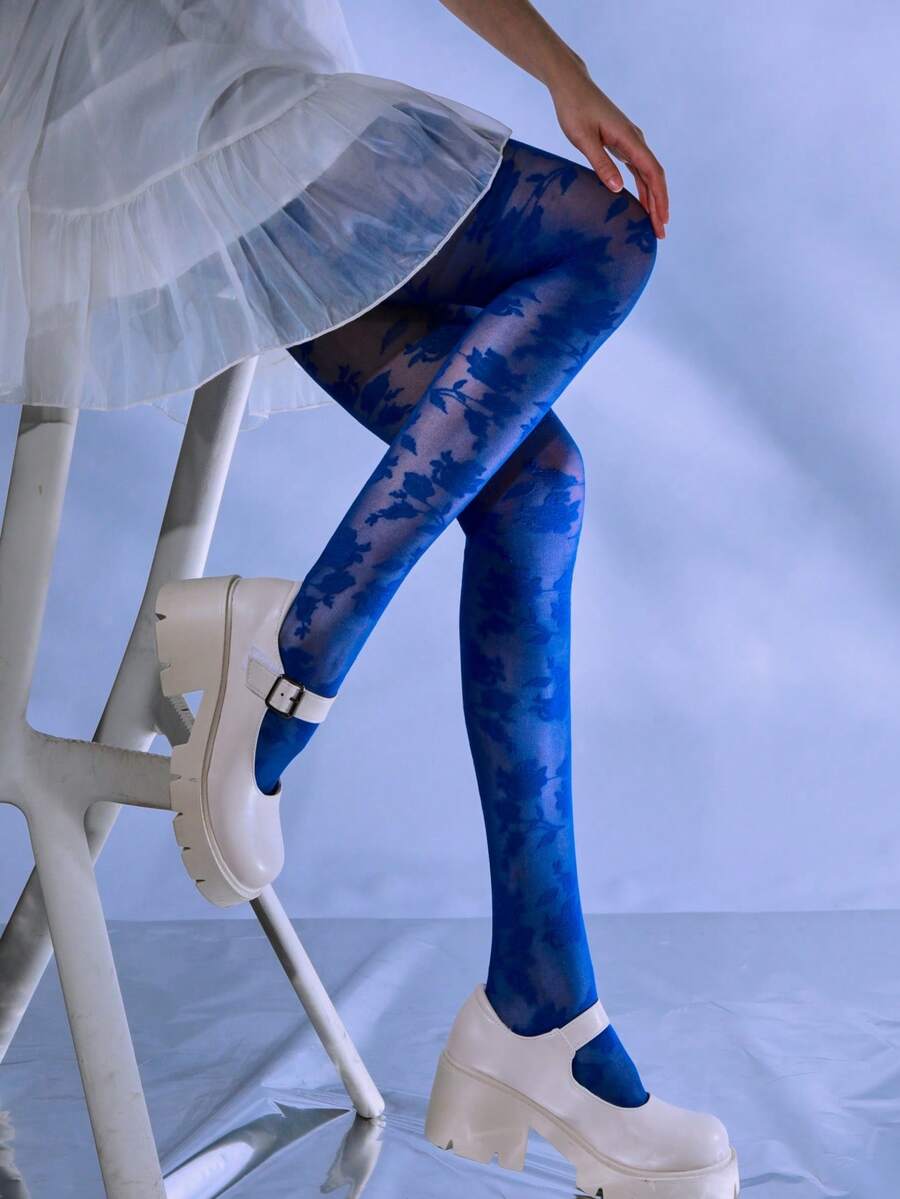 Women's Rose Patterned Stockings, Fashionable And Versatile For Daily Wear - Navy Blue - View 1