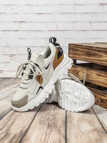 Simple And Comfortable Beige-Brown Color-Block Women's Outdoor Trail Running Shoes, Soft And Comfortable Soles, Thick Sole For Added Height, Suitable For Daily Wear, Commuting, Travel, And Plus-Size Couple Shoes - Beige - View 3