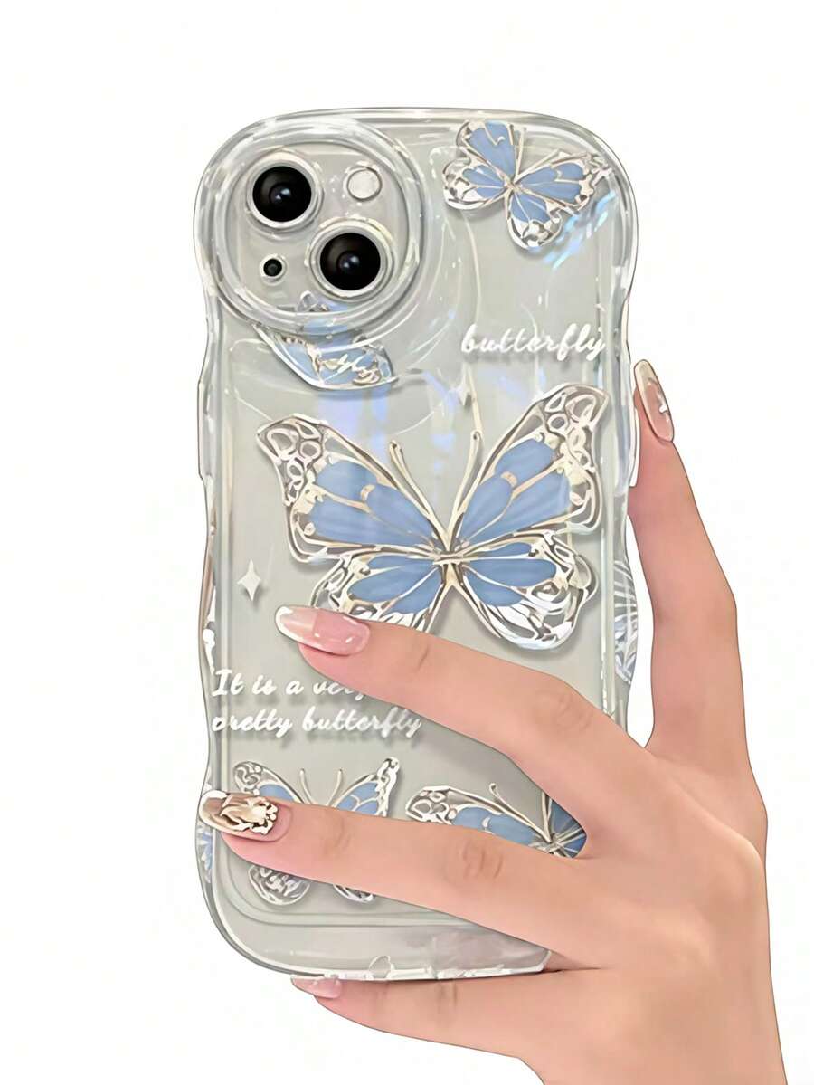 Gradient Butterfly Apple 17Promax Phone Case Transparent Apple 16Pro Silicone 15 Sparkling Powder Soft Case Simple - Light Blue - View 1