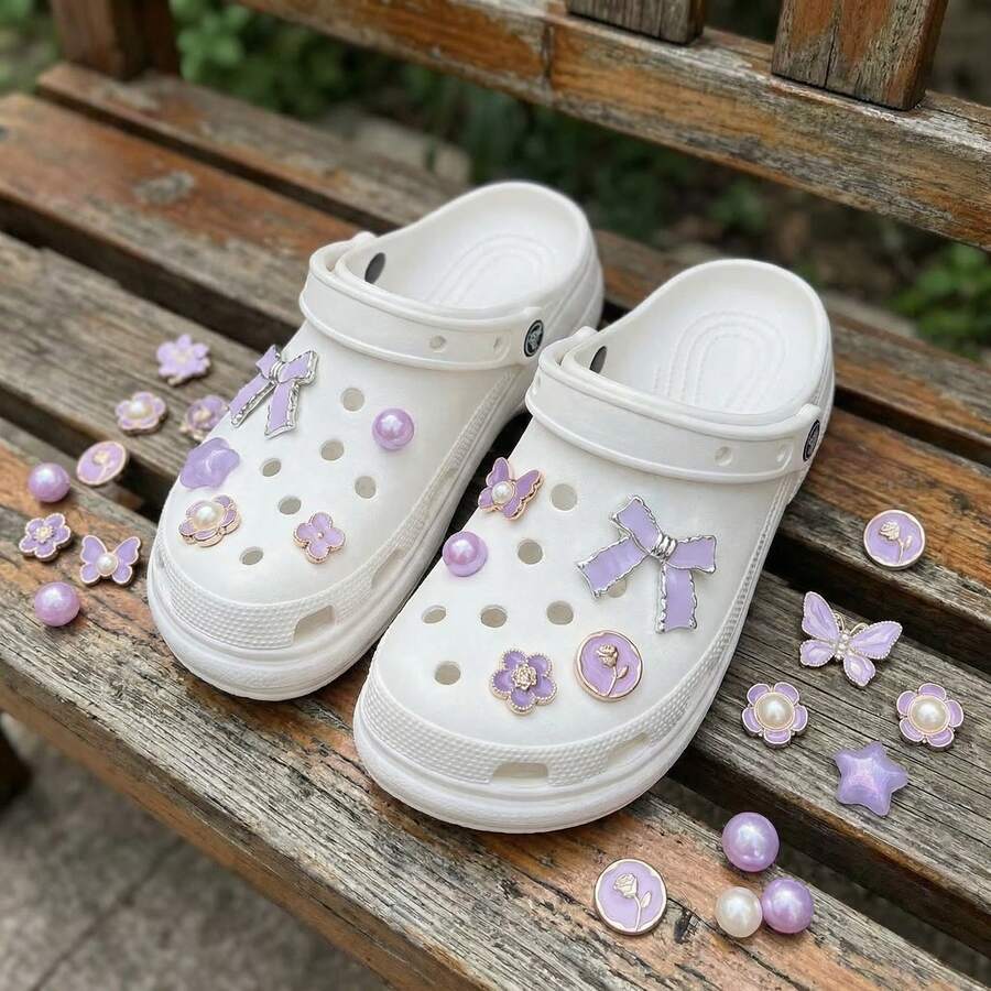 10pcs Set Cute Light Purple Bow Decorations - Y2K Style Star & Flower Decor, Suitable For Teenage Shoes Decoration - Mauve Purple - View 1