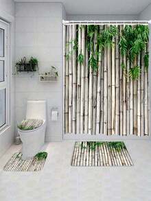1pc Bamboo Print Shower Curtain, Zen Japanese Natural Bamboo Design, Elegant Beige Color Home Decor Bathroom Set With Hooks, Durable Polyester Fabric, Machine Washable, 180cm/70.86in - Multicolor - View 17