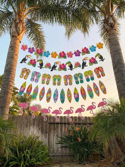 一套夏威夷派对装饰旗，夏威夷火烈鸟夏季彩色旗帜，多种款式，阿罗哈花环夏威夷热带丛林探险派对悬挂装饰品