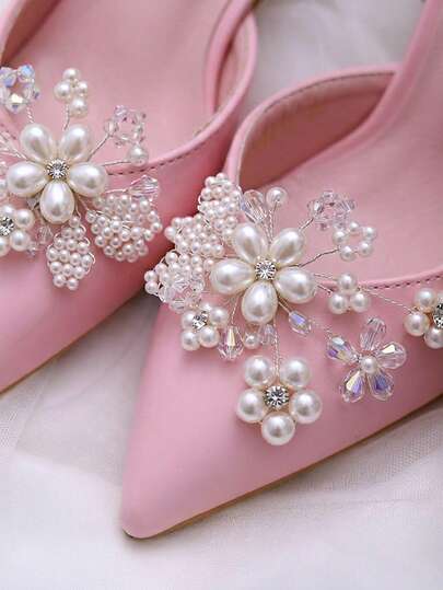 1件简约精致珍珠鞋花DIY可拆卸鞋扣装饰配件，女士适用