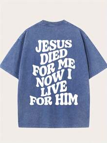 1 Piece 230G Retro T-Shirt For Unisex, JESUS DIED FOR ME NOW I LIVE FOR HIM Print Oversized Cotton Solid Drop Shoulder T Shirts For Men Vintage Streetwear Basic Tees Baggy Hip Hop Unisex Tops Acid Wash T ShirtRound Neck Loose Fit T-Shirt - 寶藍色 - 查看 2