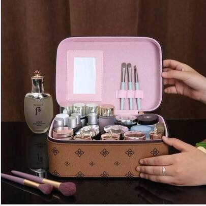 Large Capacity 4-Open Layer Jewelry & Makeup Organizer With Mirror, Multi-Functional Travel Cosmetic Case With Drawer, Waterproof Woven Fabric Beauty Storage Box For Cosmetics, Skincare, Jewelry And Accessories, Perfect For Daily Use And Travel