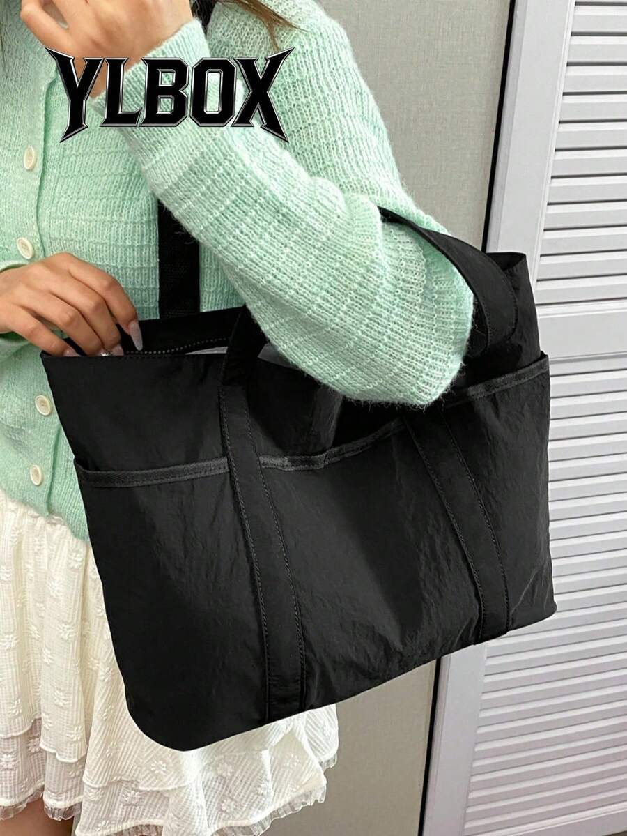 男士纯色休闲手提包，条纹大容量帆布单肩包 - 黑色 - 查看 1