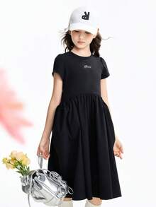 Annil [Đầm ôm eo] Đầm công chúa dáng chữ A phối vải cotton co giãn mềm mại, thân thiện với da, thoáng mát, dành cho bé gái, kiểu dáng ngọt ngào, dài. - màu đen - Xem 5