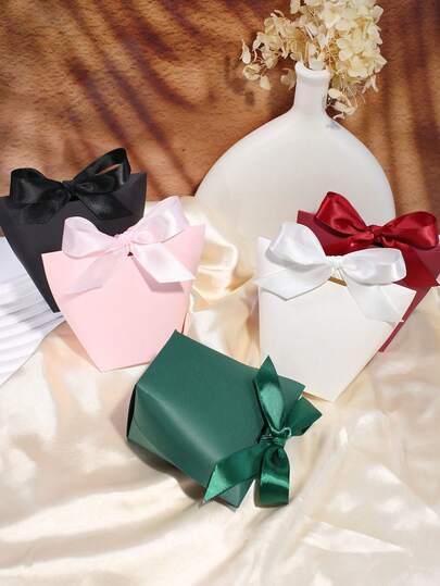 5/10pcs Elegant Candy Favor Gift Boxes With Satin Ribbon Bow, Luxury Party Treat Boxes For Wedding, Bridal Shower, Baby Shower, Birthday Party, Christmas, Graduation, National Day Celebration, Holiday Party Guest Gift Packaging, Candy Chocolate Snack Favor Boxes