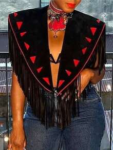 GLOURI Women's Black Fringed Western Vest - Red Triangle Trim & Open Front Design |Bold Decorative Detail For Night Out, Fashion Gatherings & Western-Themed Parties For Daring Stylish Looks - 黑色 - 查看 2
