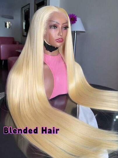 8-34英寸蕾丝前假发，真人混纺发丝，预先拔毛，带婴儿绒毛，13x4直发，高清透明蕾丝前片，适合女性日常佩戴，200%密度，时尚613金色，180%密度