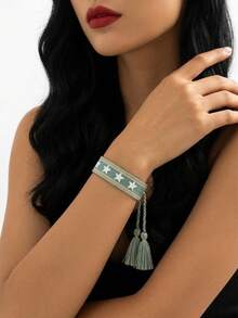 1 pieza Brazalete trenzado hecho a mano con bordado de pentagrama bohemio - Multicolor - Ver 10