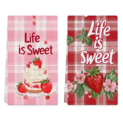 2条16x24英寸草莓图案厨房毛巾，超柔软涤纶洗碗布，适合夏季草莓蛋糕派对和宝宝一周岁生日装饰