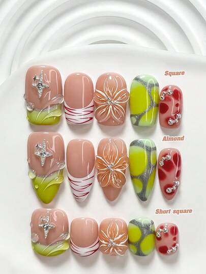 10pcs French Style Handmade Nail Art Set, Silver Star & Bead Decor, 3D Floral Carving, Color Block & Interlaced Line Designs, Yellow-Green, Red & White Nail Polish, Gentle Retro Color Block Style