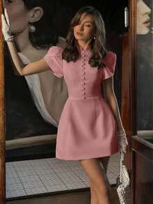 Spring And Summer Street Fashion Casual Solid Color Stand Collar Puff Sleeve Side Zipper Commute Elegant Short Dress - Pink - View 5