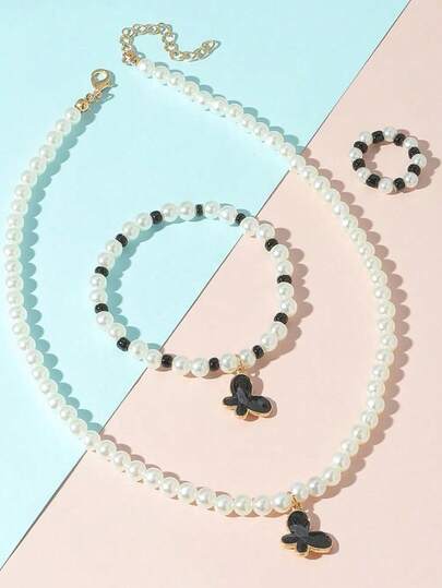 Girls Butterfly Pearl Jewelry Set 3Pcs Dreamy Design Necklace Bracelet Ring Earrings Cute Party Favor Gift
