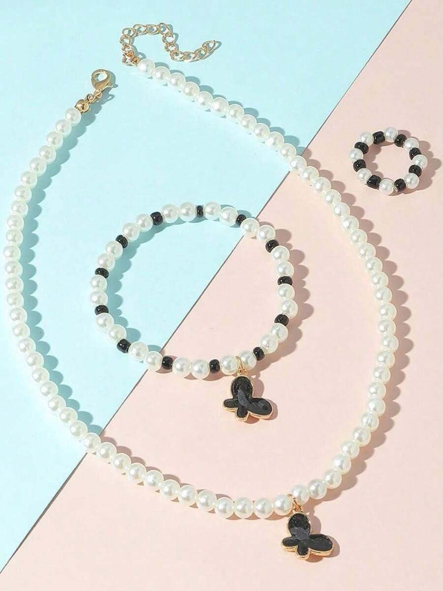 女孩蝴蝶珍珠首饰套装 3 件套 梦幻设计项链手链戒指耳环 可爱派对礼品 - 彩色 - 查看 1