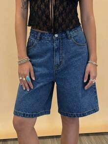 女士黑色高腰宽松休闲牛仔短裤 - 时尚百搭，适合日常穿着、外出、约会、街头风格 - 深色水洗藍 - 查看 4