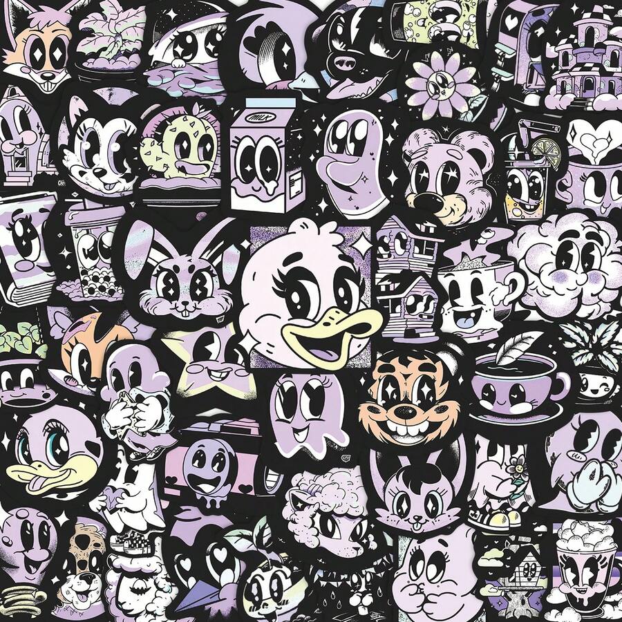 50 Pieces Of Dark Purple Cute Graffiti Stickers - Waterproof Vinyl, Suitable For Laptop Cases, Phone Cases, Guitars, Skateboards, Etc. - Cartoon Aesthetic DIY Scrapbook Children's Gift - A - View 1