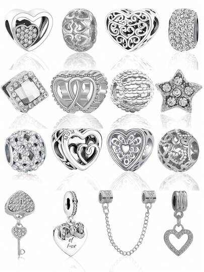 16颗银色心形镂空水钻时尚珠子，适用于珠宝制作和手链吊坠