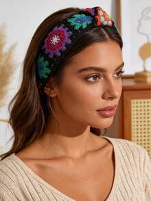 女士顶部打结宽发带，防滑，女孩头巾花朵钩编针织发饰发带发箍 - 彩色 - 查看 2