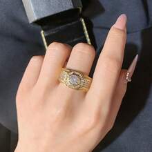 Nhẫn mạ vàng sang trọng cổ điển đính đá Cubic Zirconia, món quà trang sức dành cho nam giới, thích hợp cho tiệc tùng và đám cưới. - Vàng - Xem 2