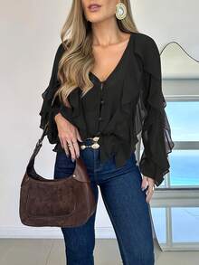 Versatile Casual Commuting Office Asymmetrical Ruffled Semi-Sheer Beige Shirt, Suitable For Dates, Everyday Wear, Beach Vacation, Ruffled Decor Adds Softness, Pair With Jeans For Casual Chic, Or Skirts For Elegant Office Looks - Black - View 1