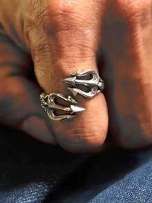1 pieza Anillo de tridente ajustable de acero inoxidable vintage para hombre, diseño de moda y poderoso, regalo ideal para amigos - Plateado - Ver 10