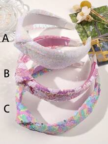 1件白色和粉色珠光心形亮片激光反光打结交叉宽发箍，优雅适合派对、节日、假日、春夏佩戴 - 彩色 - 查看 1