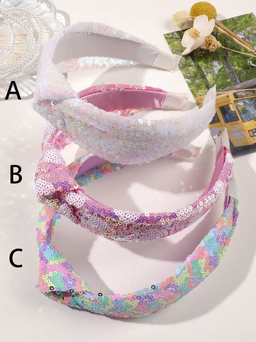 1件白色和粉色珠光心形亮片激光反光打结交叉宽发箍，优雅适合派对、节日、假日、春夏佩戴 - 彩色 - 查看 1