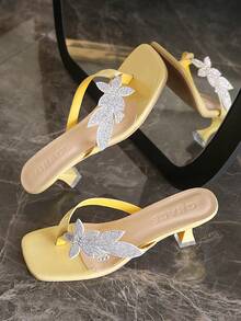 女士平底镶钻凉鞋，方头高跟凉鞋，适合街头、约会、派对、通勤、时尚休闲等场合穿着。 - 黃色 - 查看 5
