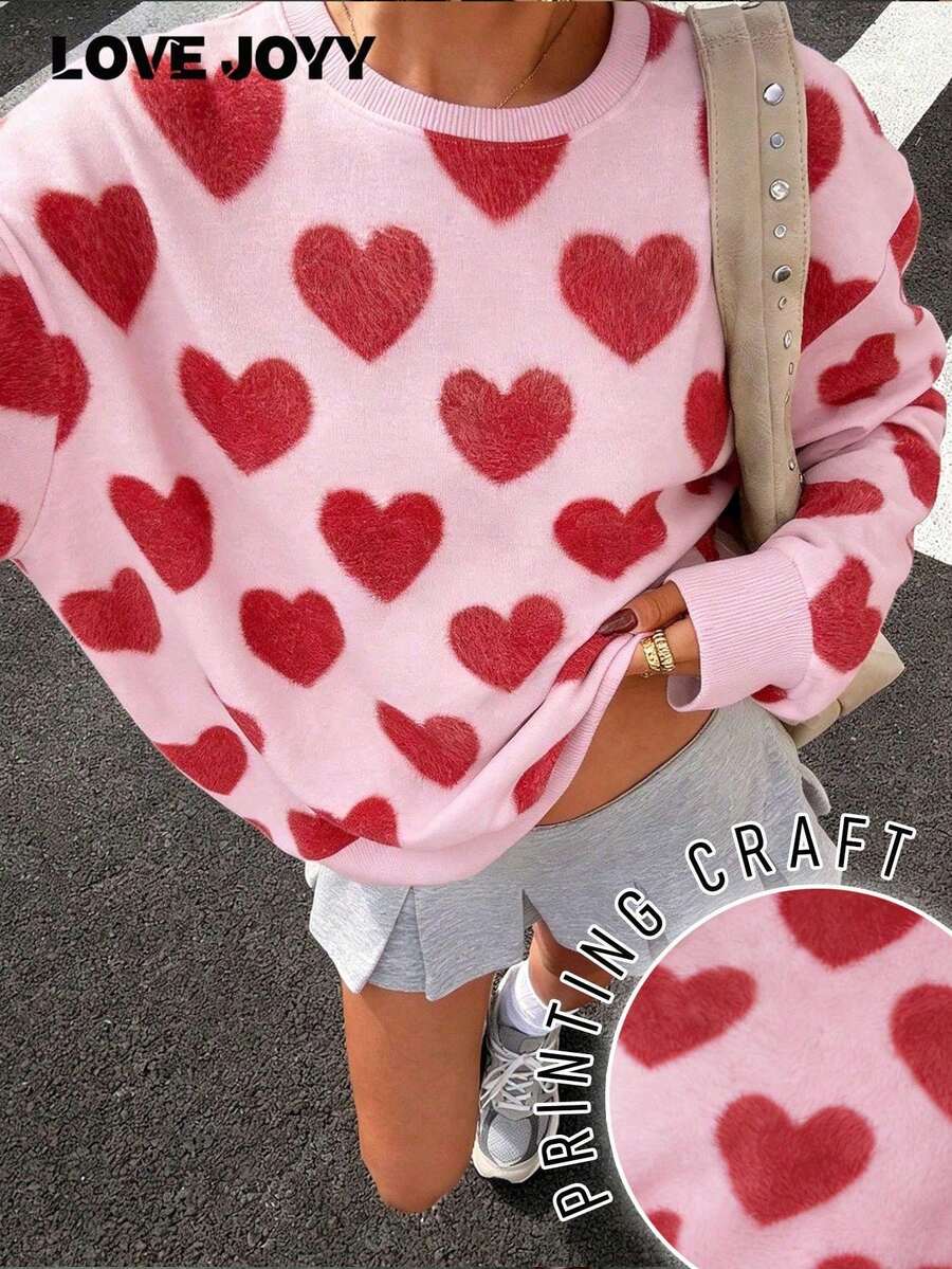 LOVE JOYY 女士爱心图案长袖圆领卫衣，休闲舒适，粉色套头衫，适合春季、约会和派对穿着 - 粉色 - 查看 1