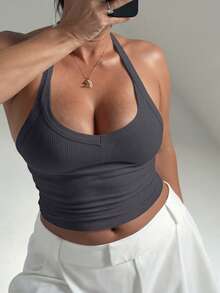 Plus Size Sexy Minimalist Ribbed Spaghetti Strap Fitted Camisole, Suitable For Daily, Commute, Street, Date, Workout Casual Summer - Grey - View 1