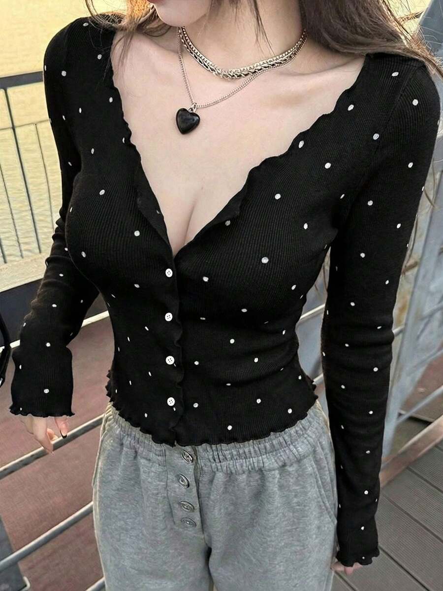 新款春夏韩版波点针织开衫，时尚优雅修身荷叶边长袖上衣，度假必备 - 黑底白點 - 查看 1