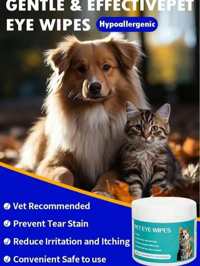 宠物眼部湿巾，可去除泪痕，清洁猫眼，去除泪痕并清洁宠物眼睛