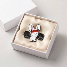 Cute Fitness Bunny Brooch, Barbell Enamel Pin, Fitness Lover Backpack Accessory, Adorable Barbell Bunny Funny Sports Style Pin - Black - View 3