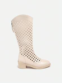 白色尖头粗跟高筒靴，V 领修身镂空网眼牛仔靴，夏季必备 - 米色 - 查看 6