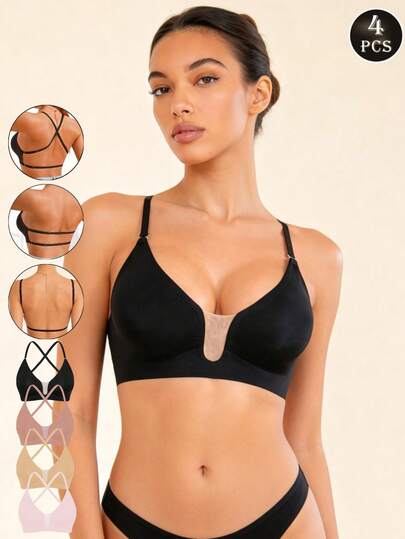 Lilivine 4 piezas de sujetadores sin costuras y sin espalda para mujeres, sujetadores sin tirantes, sujetadores sexys de verano, lencería nupcial, 3 opciones de tirantes, sin costuras y transpirables, con tirantes ajustables, ligeros y cómodos, adecuados para bodas, vestidos de gala, vestidos de tirantes finos