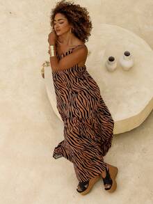 Women's Long Animal Print Dress With Adjustable Straps And Lightweight Drape - Camel - View 5