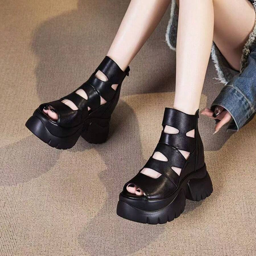 Sandalias de plataforma de verano para niña, estilo romano, huecas, casuales y transpirables - Negro - Ver 1