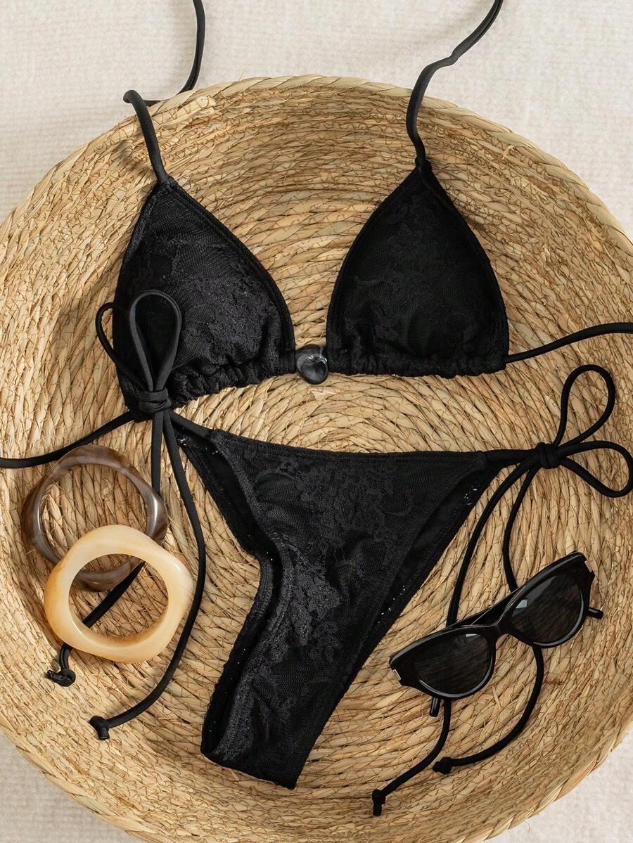 Bộ đồ bơi nữ mới năm 2026, bikini 2 mảnh, bikini ren đen, màu đen trơn, kiểu dáng giản dị và thời trang, thích hợp mặc hàng ngày vào mùa hè. - màu đen - Xem 1