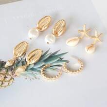 8件套波西米亚风贝壳、不对称珍珠、海星、海螺耳环套装，简约时尚，适合海滩度假，女士耳环 - style1 - 查看 3