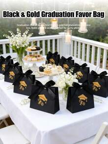 5个优雅黑色毕业礼品袋，饰以金色箔纸和缎带，内含毕业帽、毕业证书和缎带——是毕业派对用品和礼品包装的完美之选 - 多色 - 查看 5
