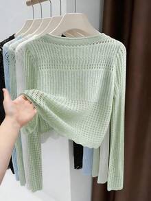 GIGOGOU Lightweight Hollow-Out Knit Breathable Long Sleeve Cardigan, Casual Outerwear For Spring/Summer - Mint Green - View 3