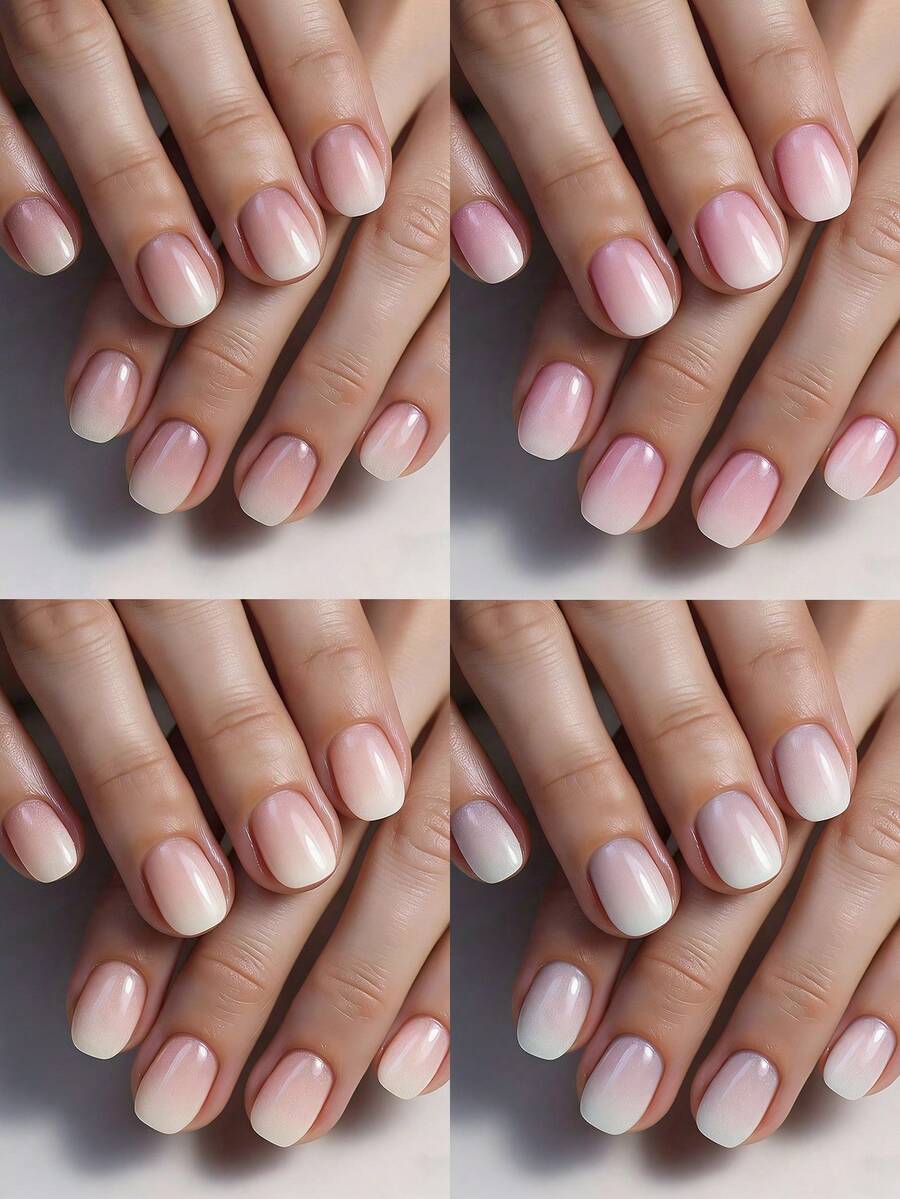 VV MEI JIA ER 96片（白色/粉色/裸色/浅粉色）渐变美甲贴纸，短方形，ABS材质，自然贴合，含可重复使用的凝胶胶水，适合女性和女孩作为礼物，UV亮面，12种尺寸贴纸，包含1个指甲锉和1卷渐变美甲胶带。 - 彩色 - 查看 1