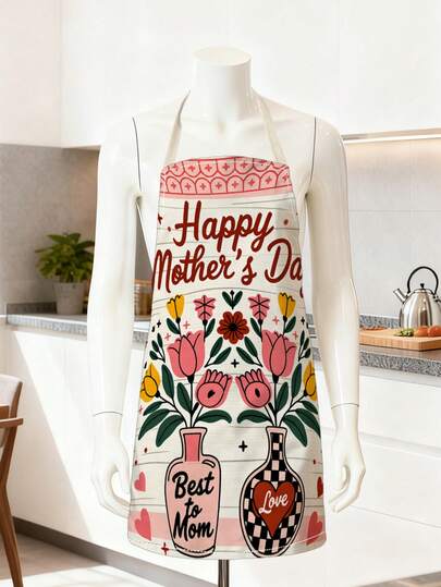 母亲节主题烹饪围裙，浅粉色底，印有花卉、花瓶和“母亲节快乐”字样，尺寸55*68厘米，挂脖式设计，适合母亲节、春季、日常烹饪、烘焙和派对等场合。