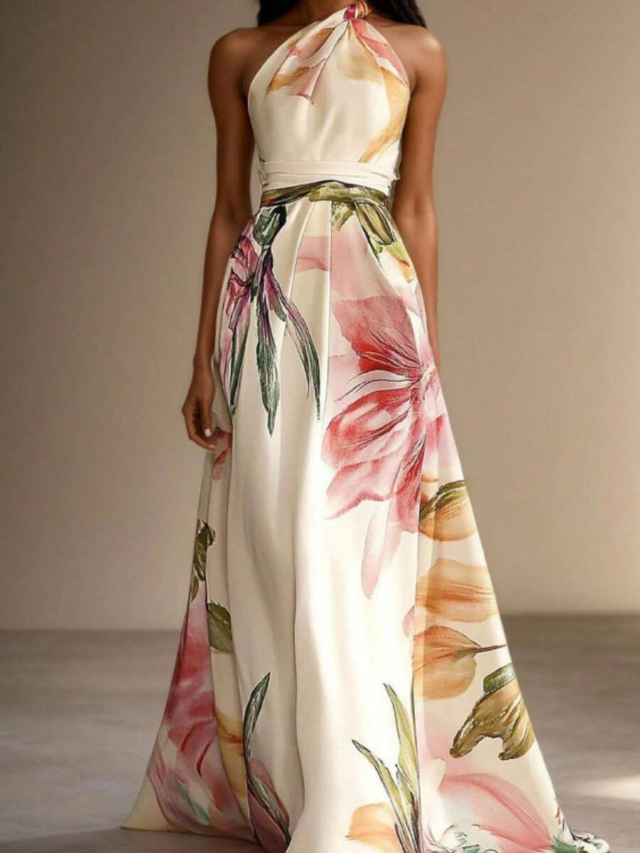 Women's Temperament Flower Pattern Slanted Shoulder Collar Long Skirt - Apricot - View 1